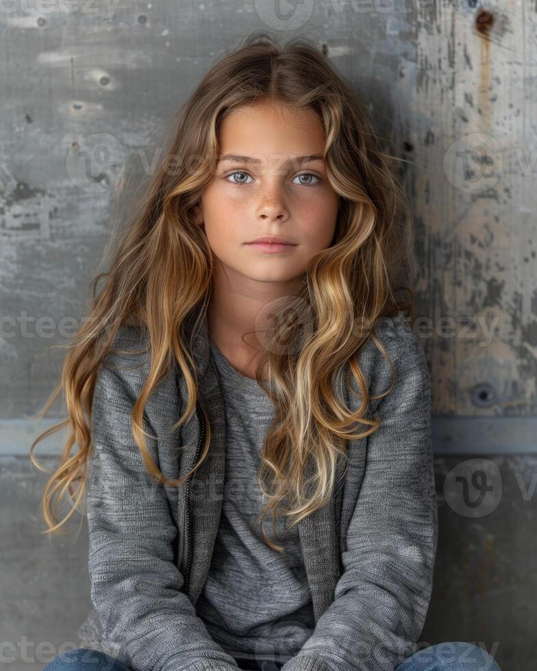 A young girl with crossed legs on the ground photo