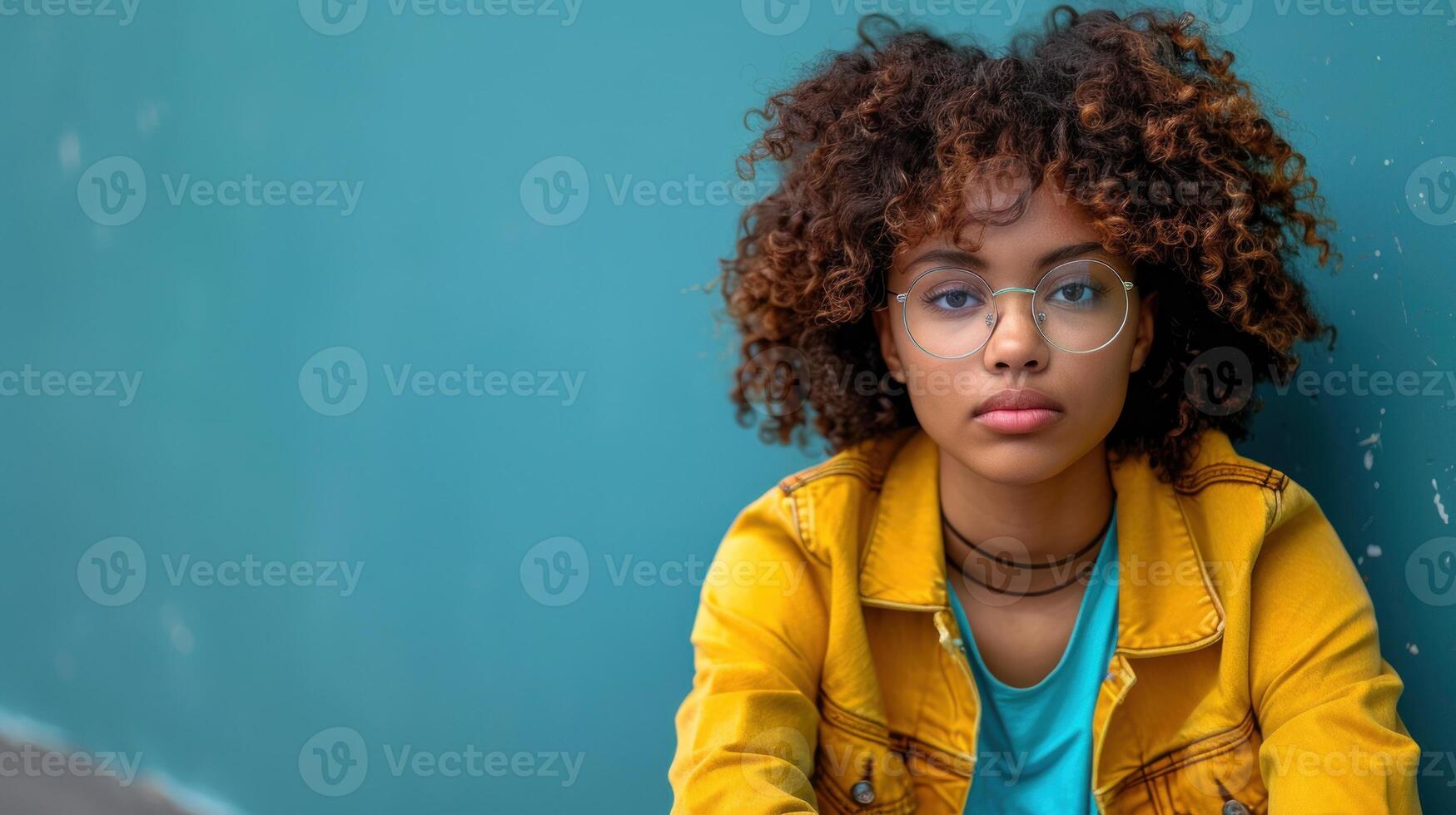 A young girl with glasses seated against a blue wall photo