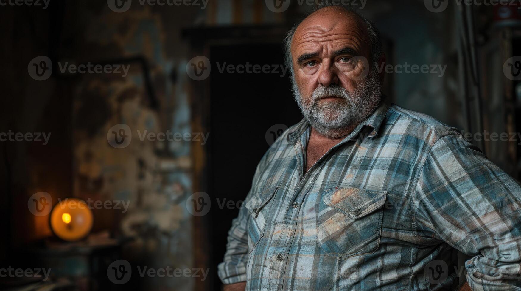 A man stands in a room with a candle glowing in the background photo