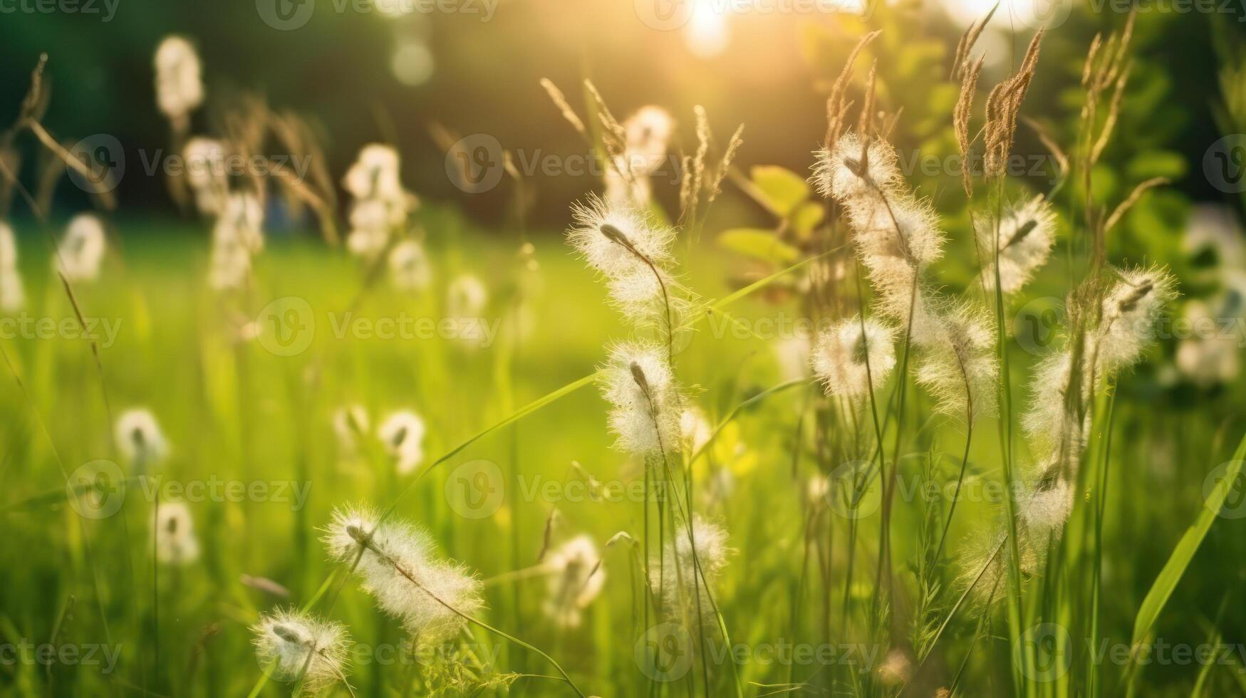 The sun sets in the background of a vast field of grass, casting a warm light over the landscape photo