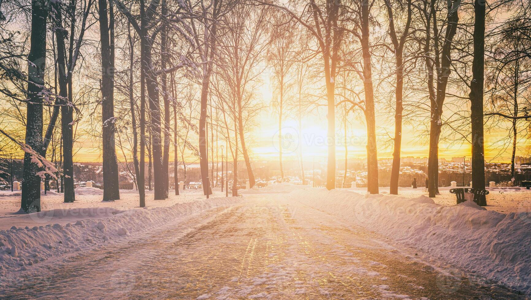 Sunset or dawn in a winter city park with trees, benches and sidewalks covered with snow and ice. Vintage film aesthetic. photo