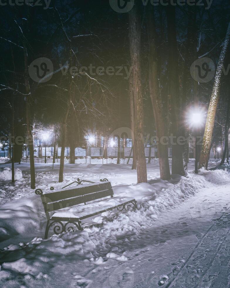 Winter night park with trees, glowing lanterns and benches covered with snow. Vintage film aesthetic. photo