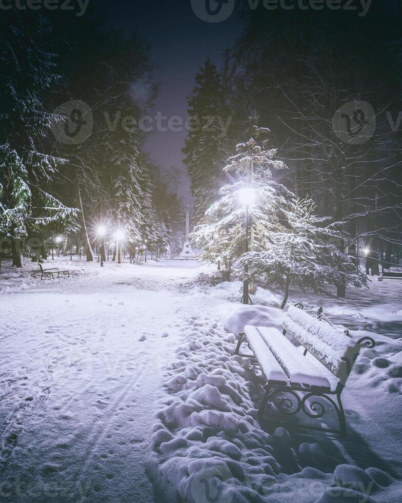 invierno noche parque con árboles, brillante linternas y bancos cubierto con nieve. Clásico película estético. foto