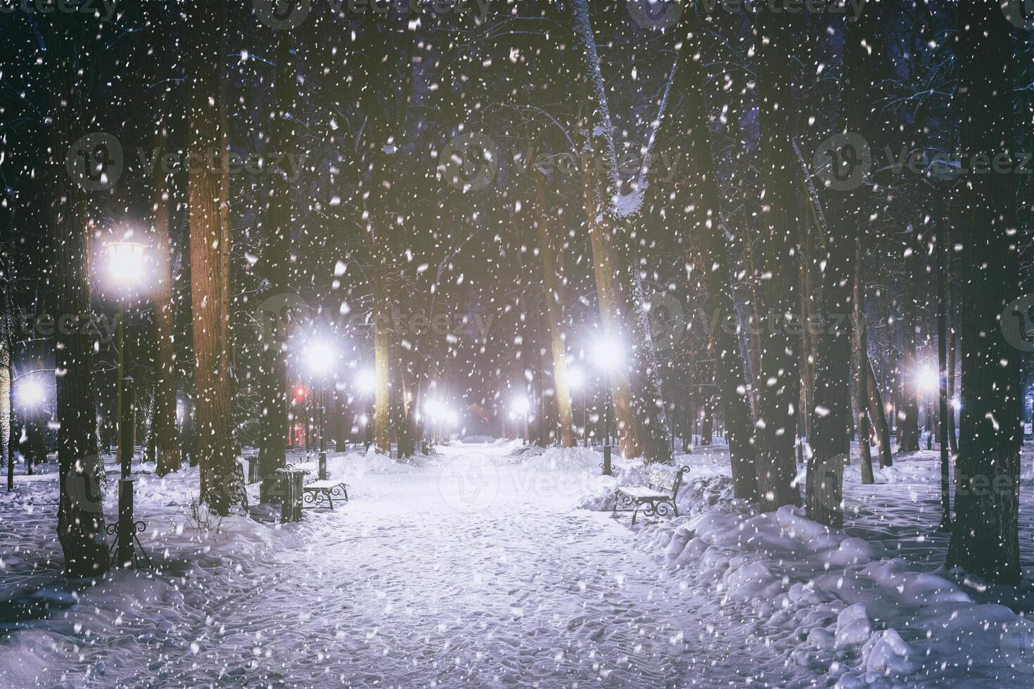 Snowfall in a winter park at night with glowing lanterns, pavement covered with snow and trees. Vintage film aesthetic. photo