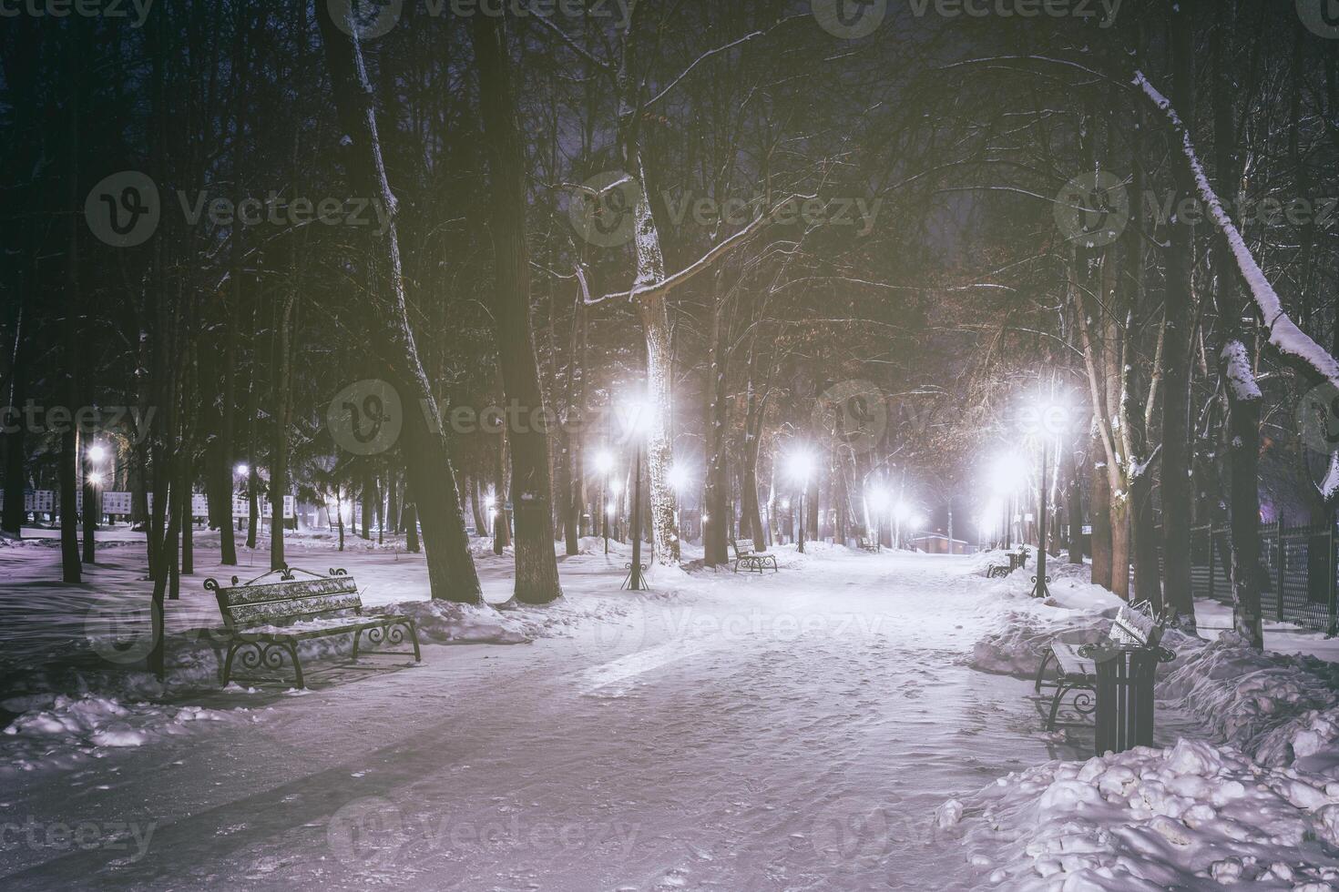 invierno noche parque con árboles, brillante linternas y bancos cubierto con nieve. Clásico película estético. foto