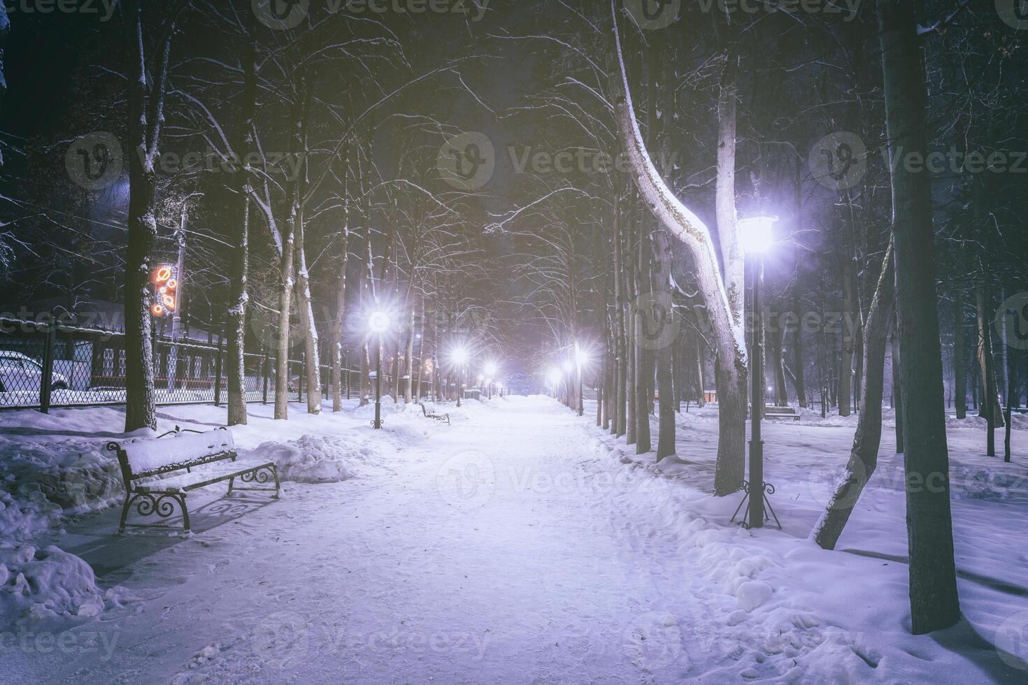 invierno noche parque con árboles, brillante linternas y bancos cubierto con nieve. Clásico película estético. foto