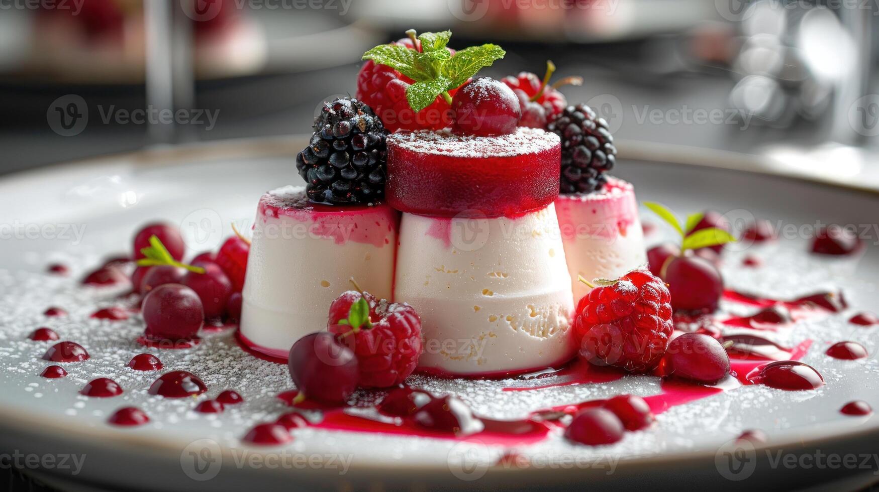 A plate topped with a dessert featuring fresh berries and fluffy whipped cream photo