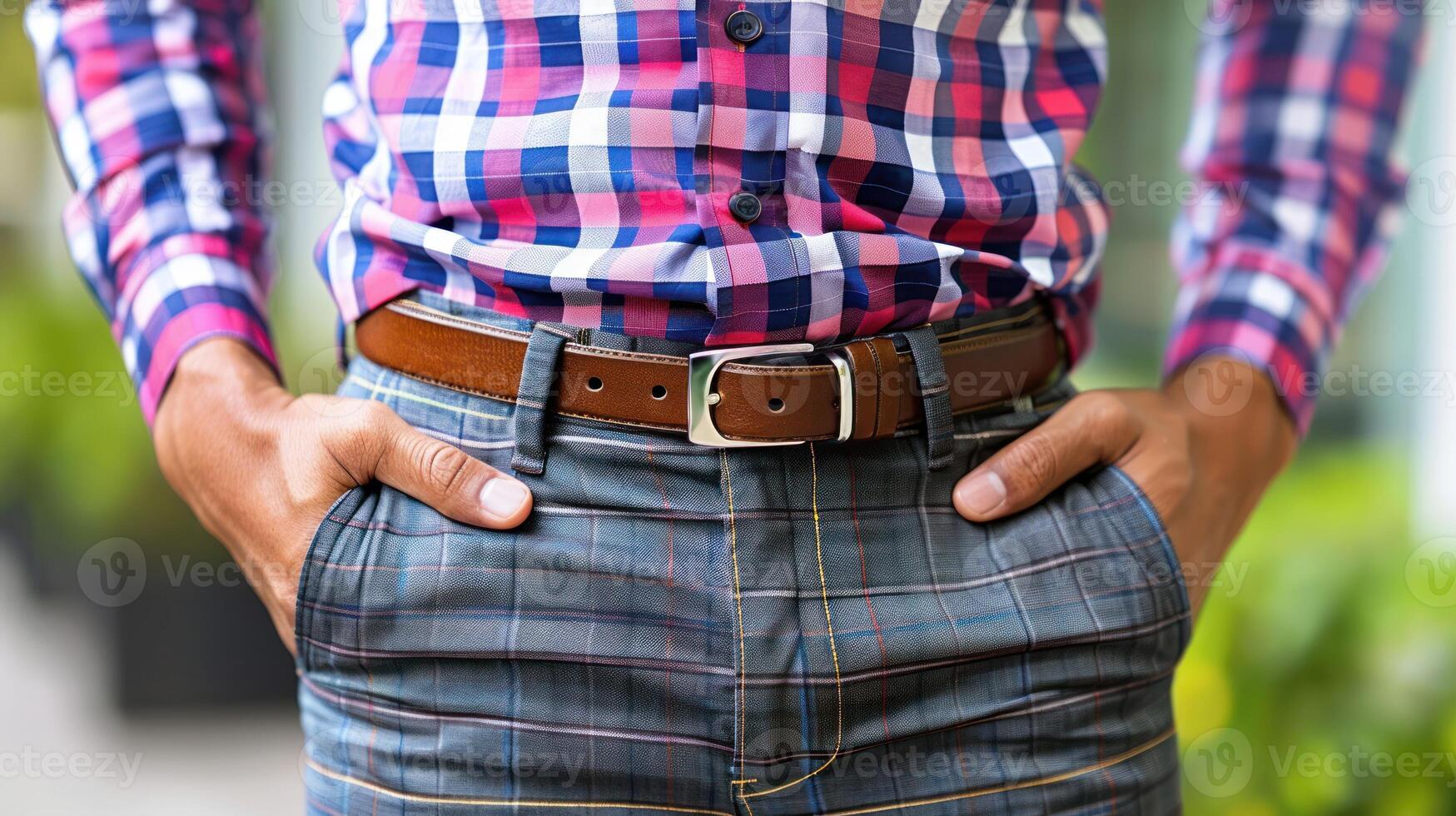 A person dressed in a plaid shirt and belt photo