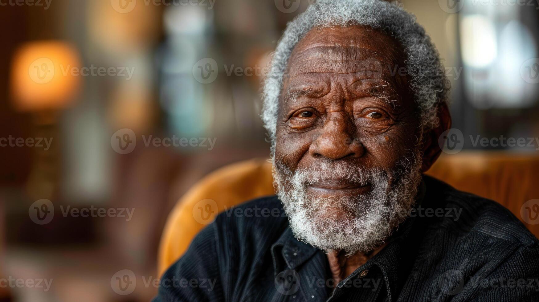 An elderly man is seated in a chair, facing the camera attentively photo