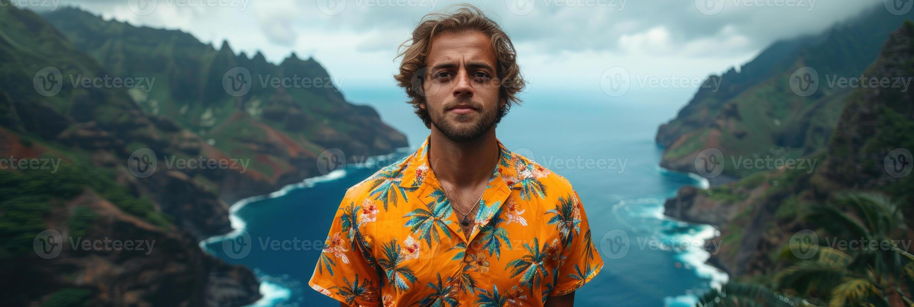 A man standing in front of a cliff, gazing at the vast ocean ahead photo