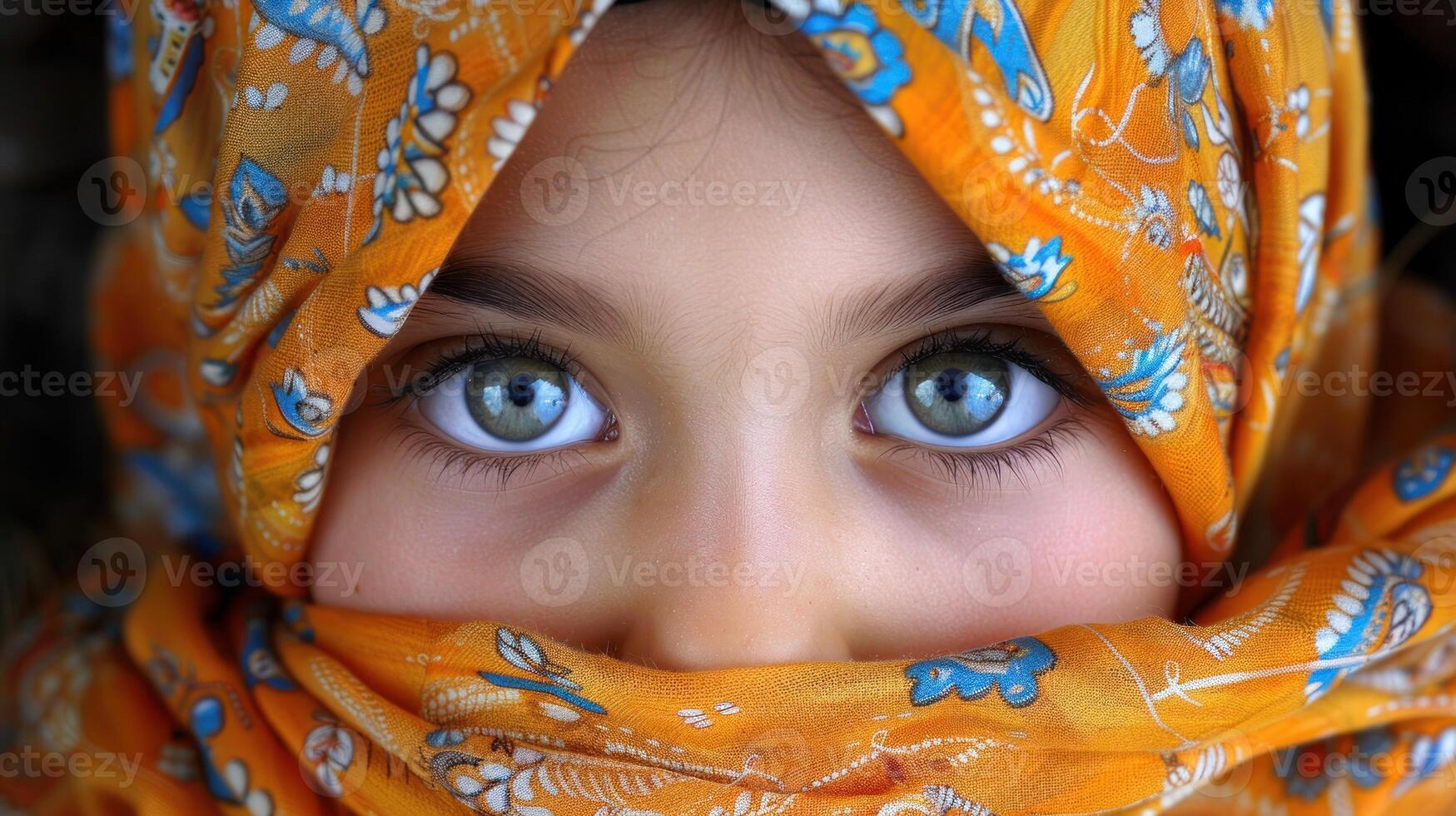 A woman with blue eyes is elegantly dressed in a yellow scarf photo