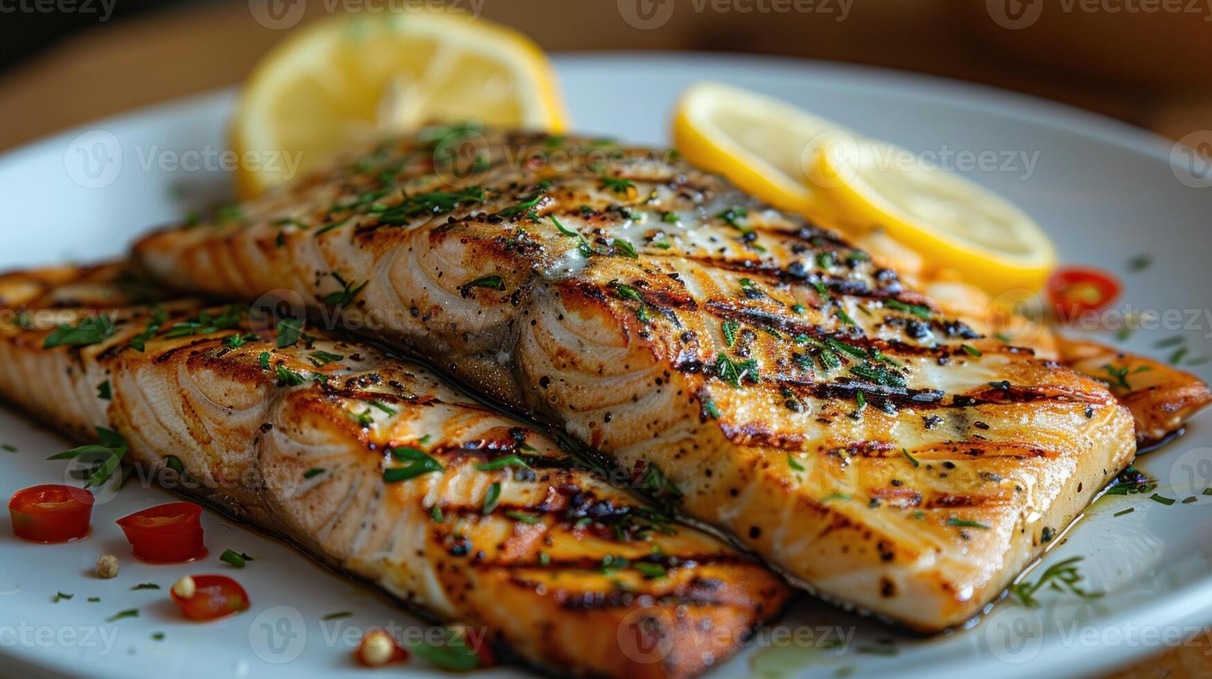 dos A la parrilla pescado servido en un plato con rebanadas de limones y Tomates foto