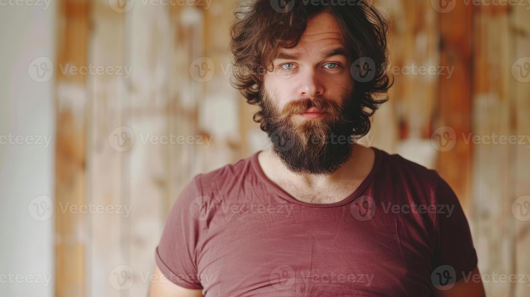 un hombre con un barba vistiendo un rojo camisa foto