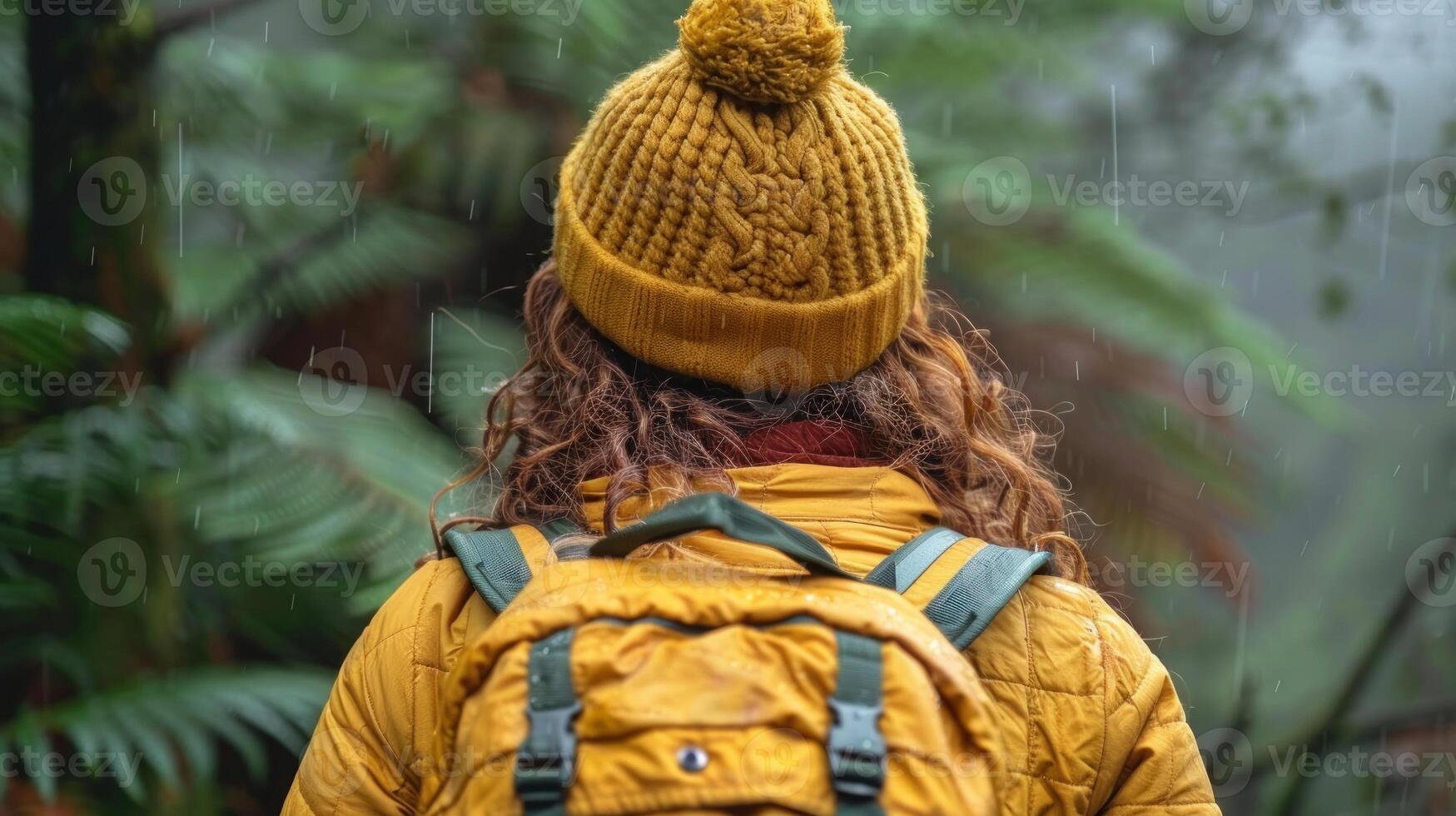 A person with a yellow backpack and hat outdoors photo