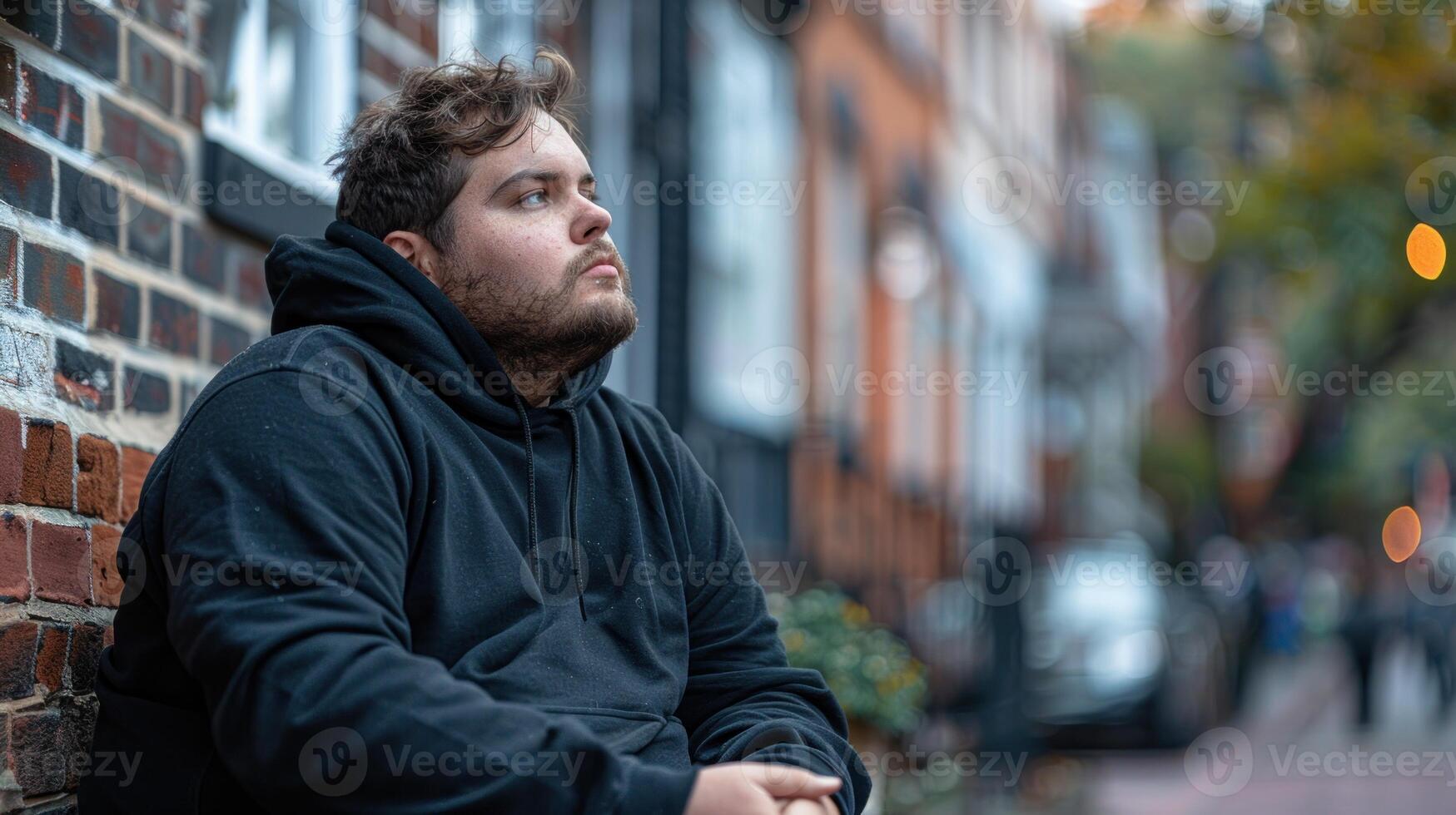 A man casually leans against a solid brick wall photo