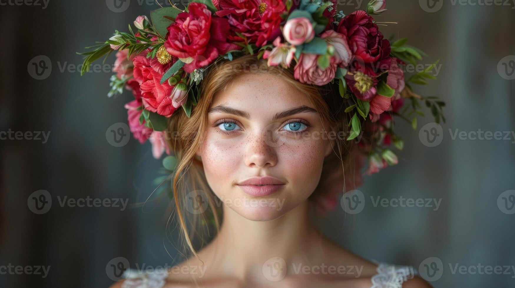 mujer con flor corona en cabeza en pie al aire libre foto