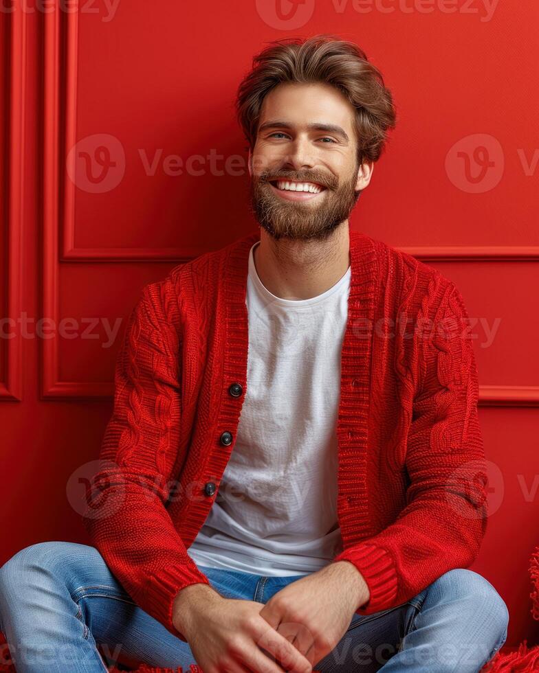 A man sitting on the floor in front of a bright red wall photo