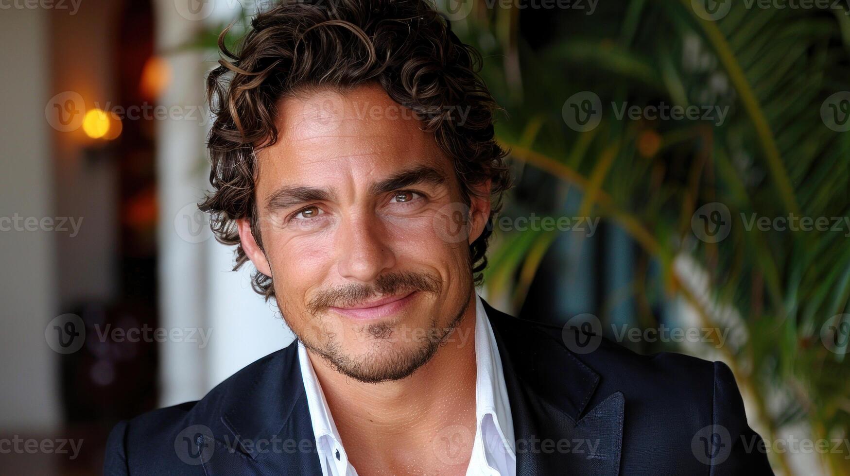 A close-up view of a person dressed in a suit and tie photo