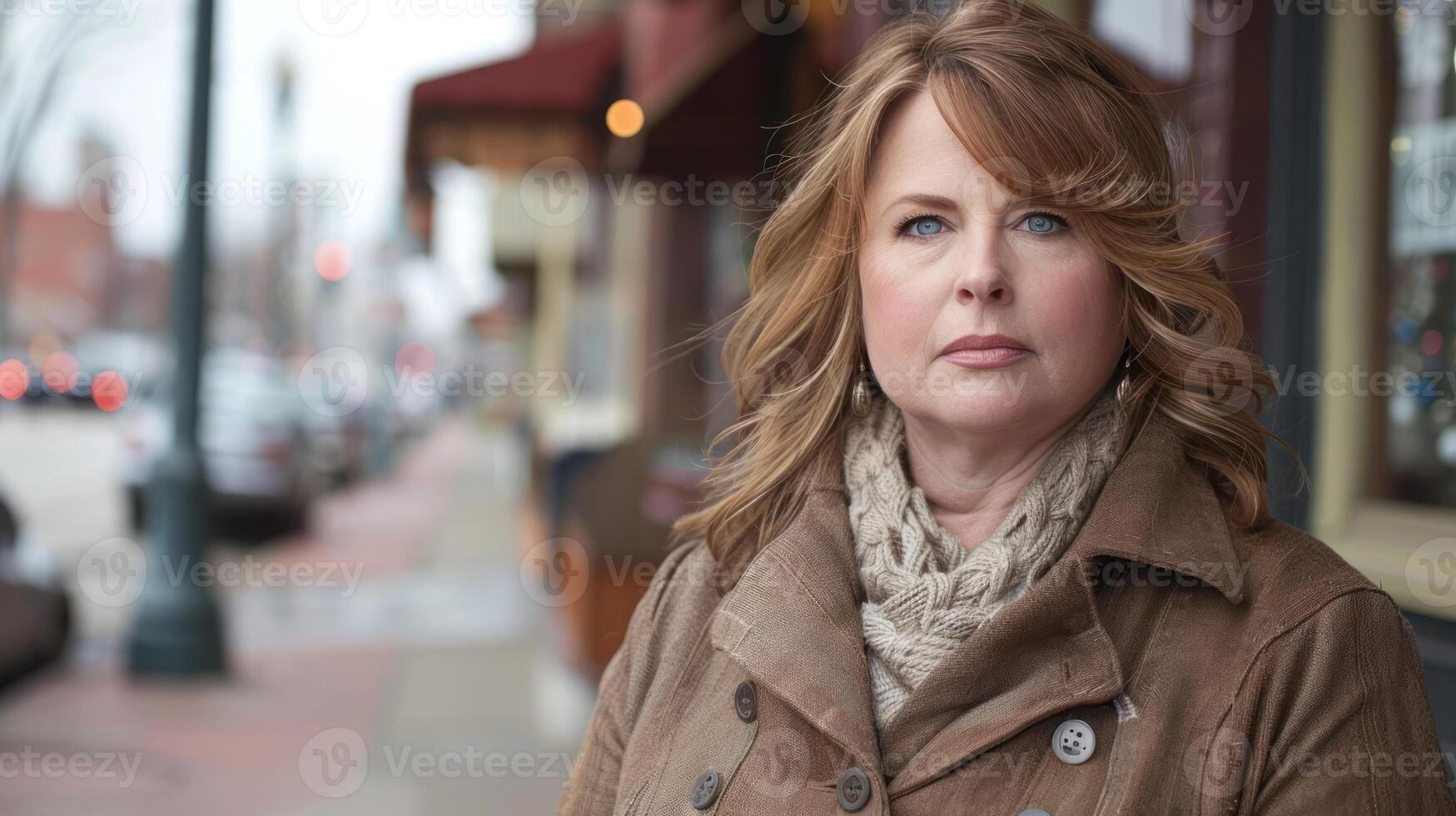 A woman stands on the sidewalk, facing the street photo