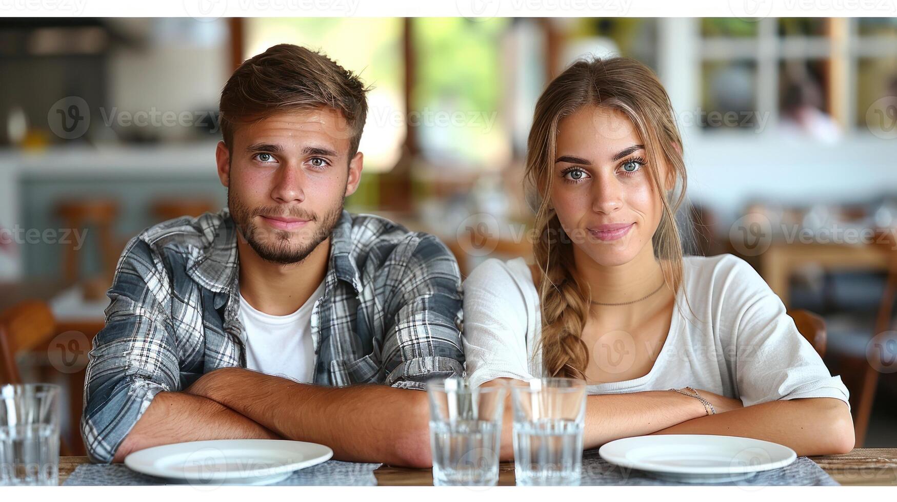 A man and woman are seated at a table, engaged in conversation photo