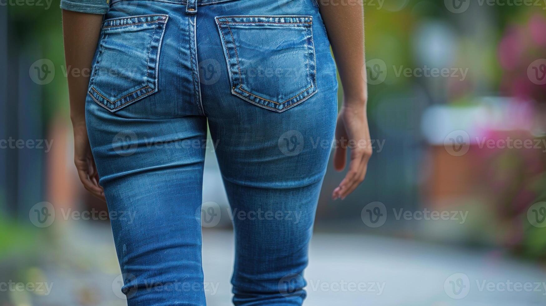 A woman walks down a sidewalk with her back to the camera photo