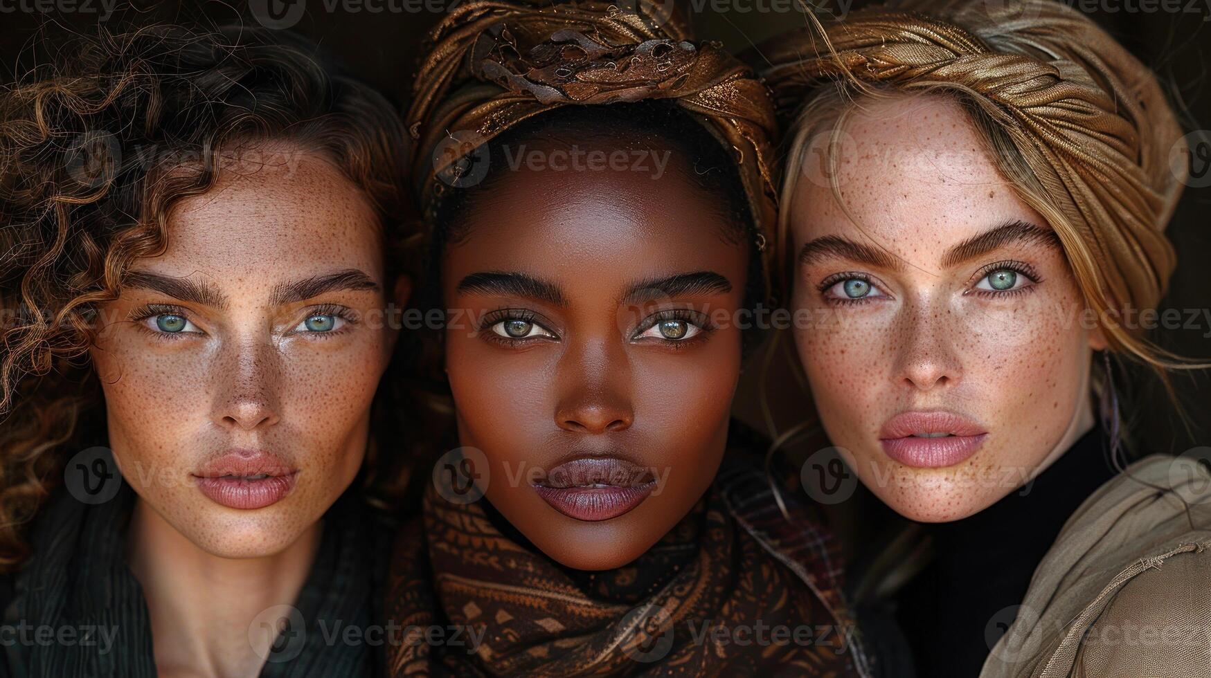 Three women standing together, all with striking blue eyes and brown hair photo