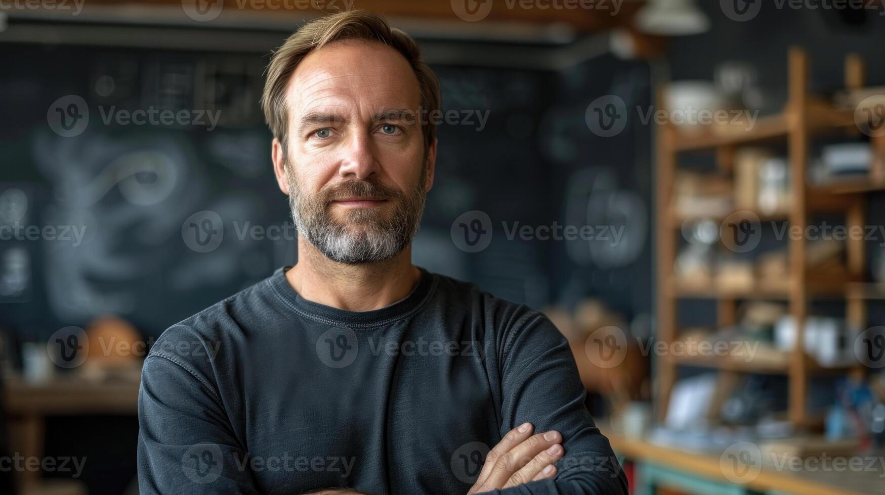 A man standing with arms crossed in front of a chalkboard photo