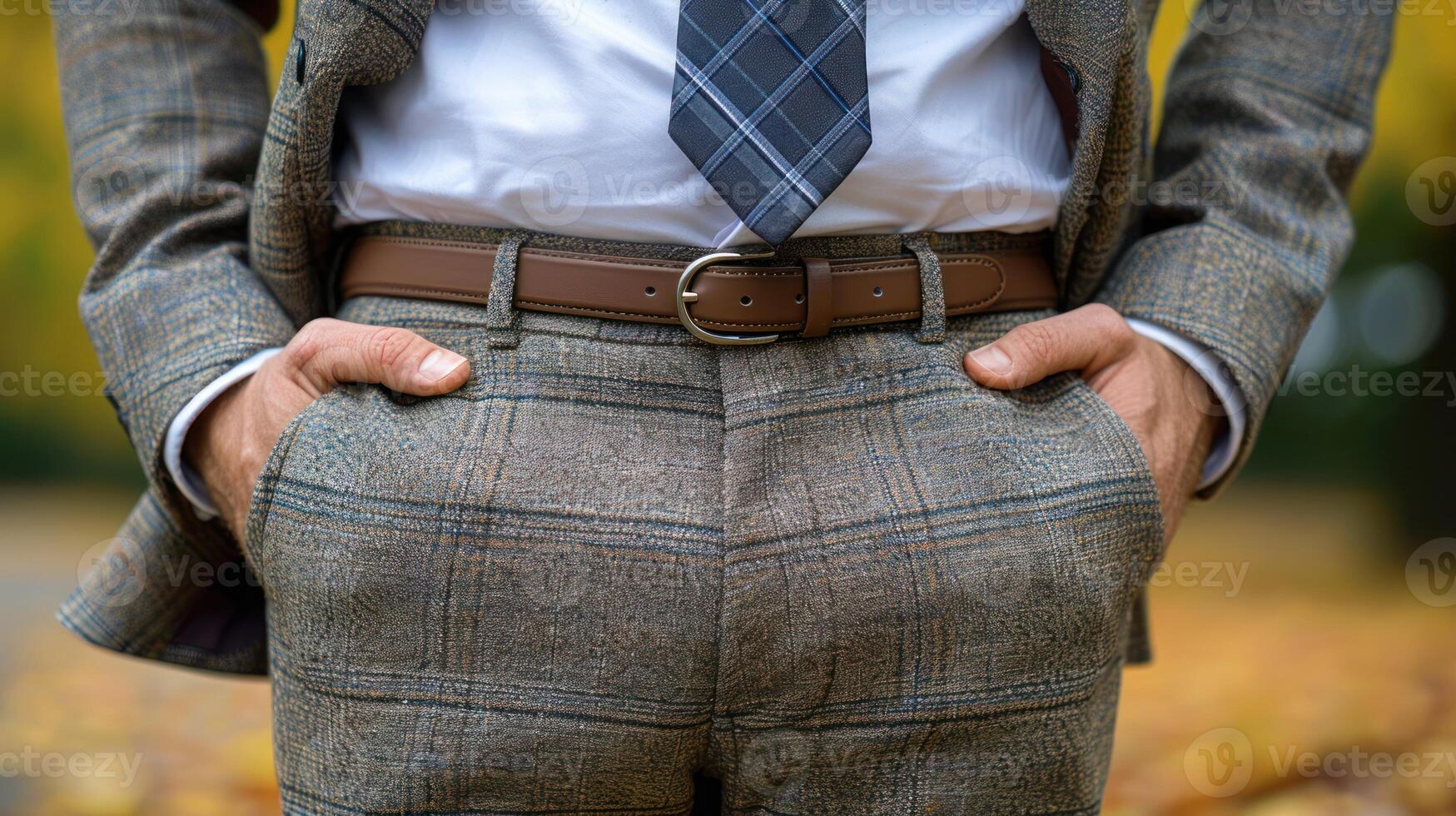 A man dressed in a suit and tie stands with his hands in his pockets photo