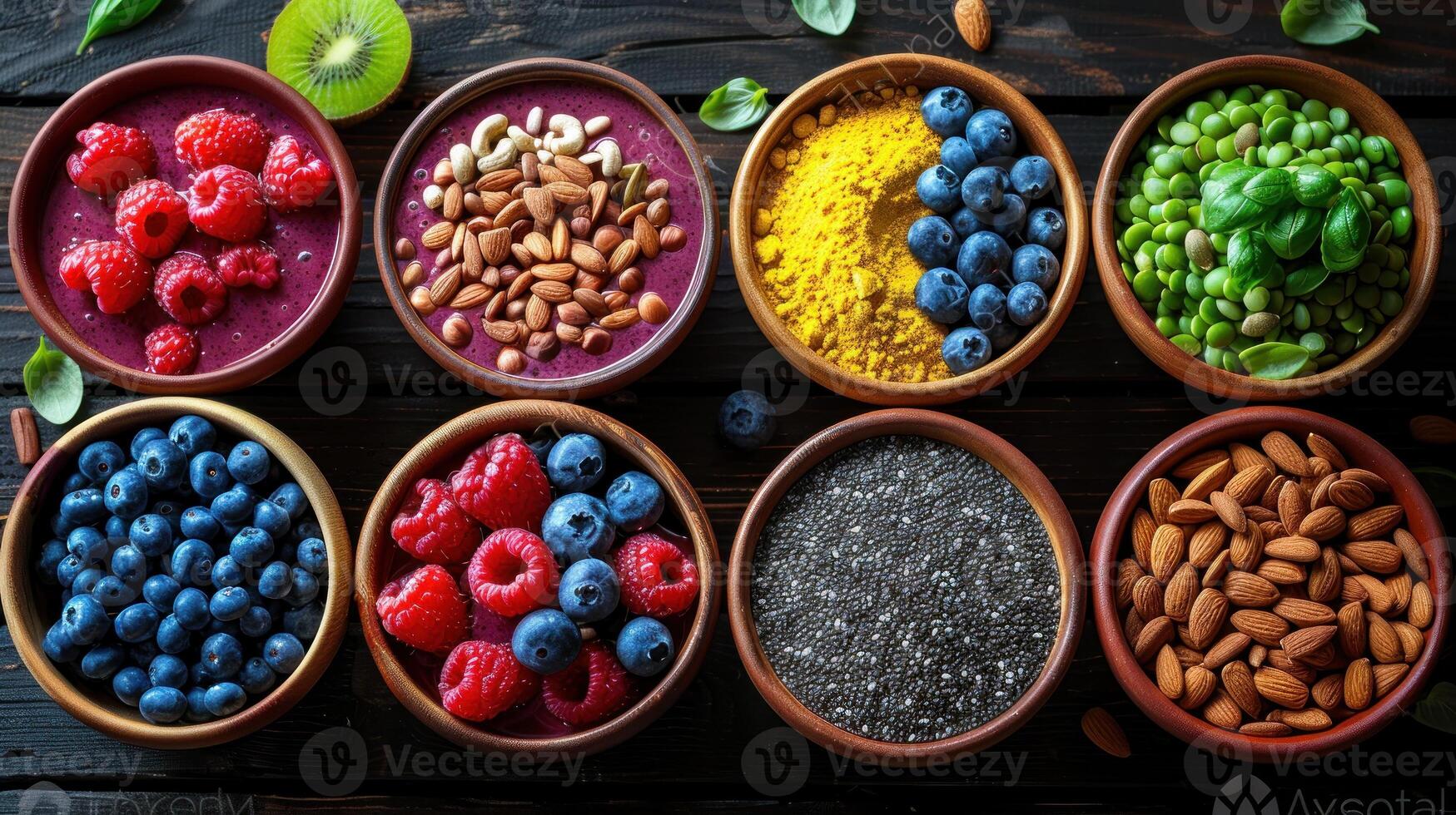Colorful array of fresh fruits and vegetables displayed in various bowls photo