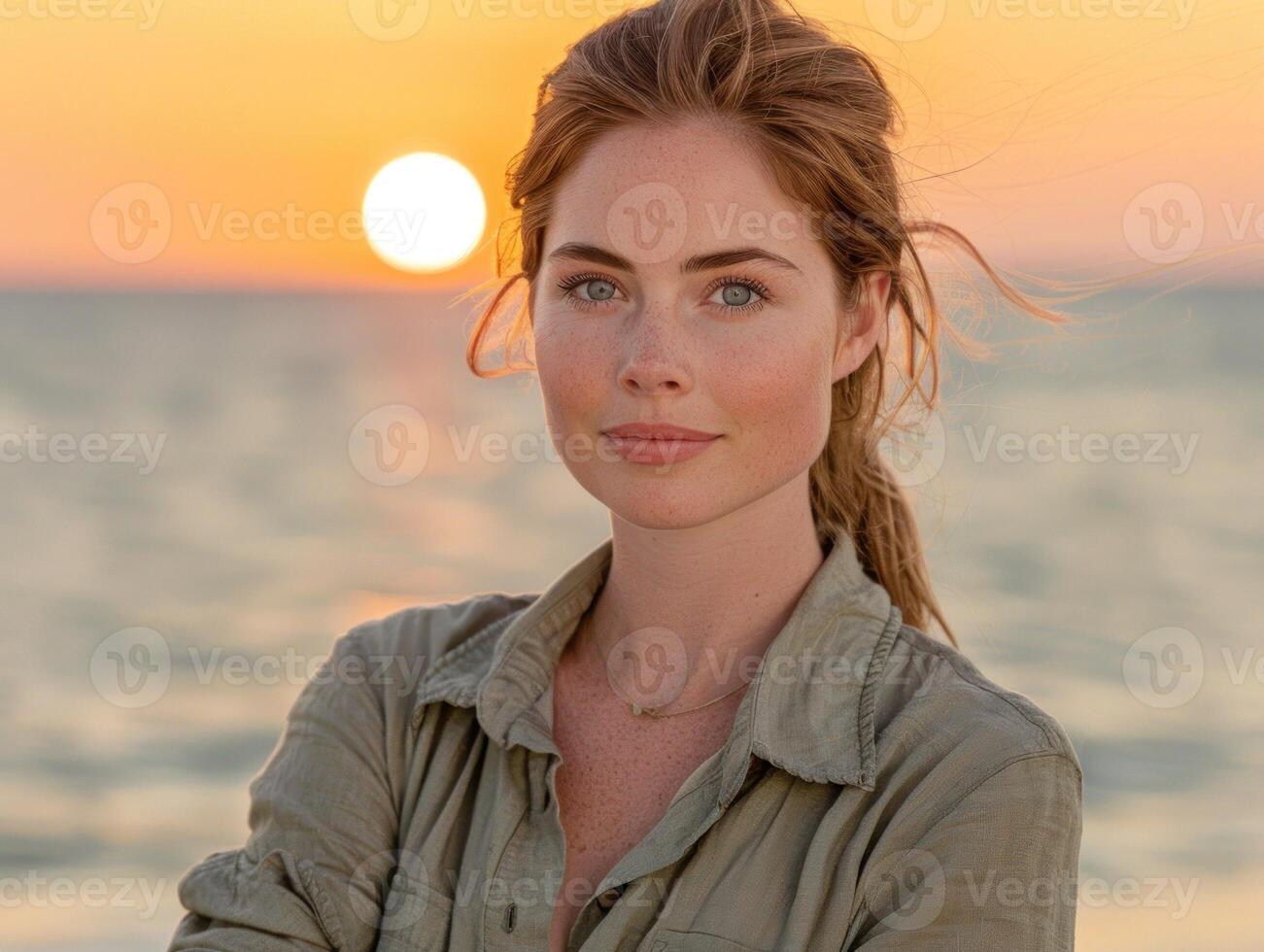 A woman standing on the beach, facing the ocean as the sun sets in the background photo