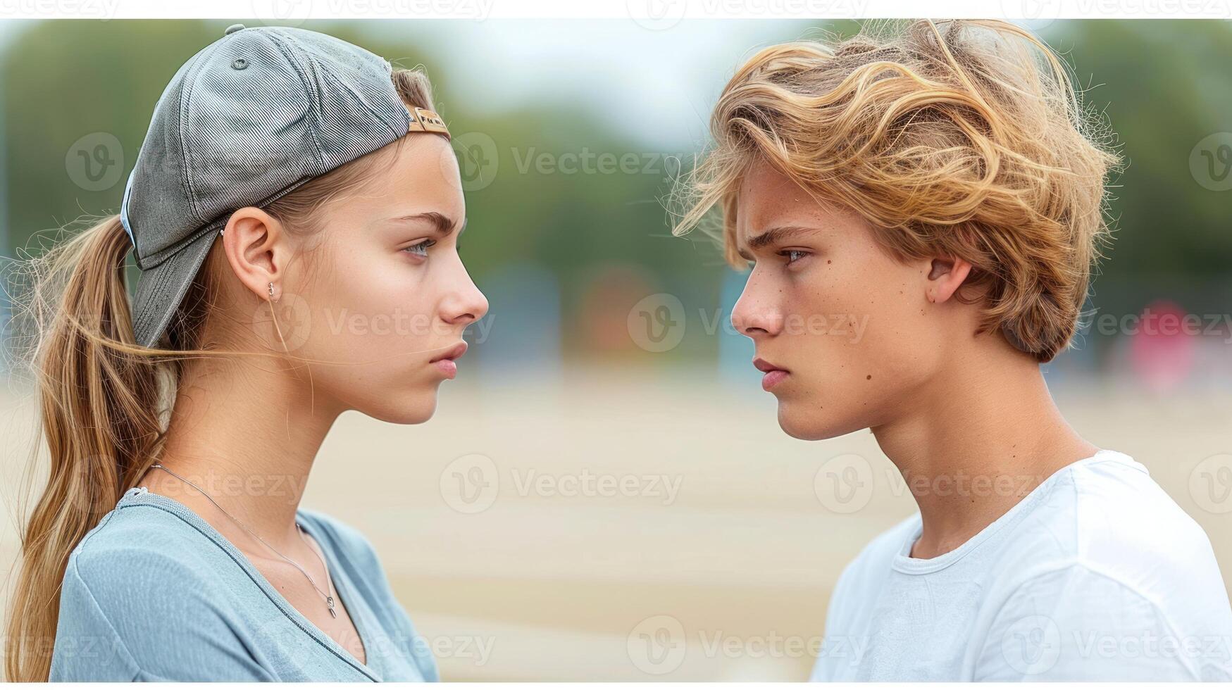 Two people standing closely together photo