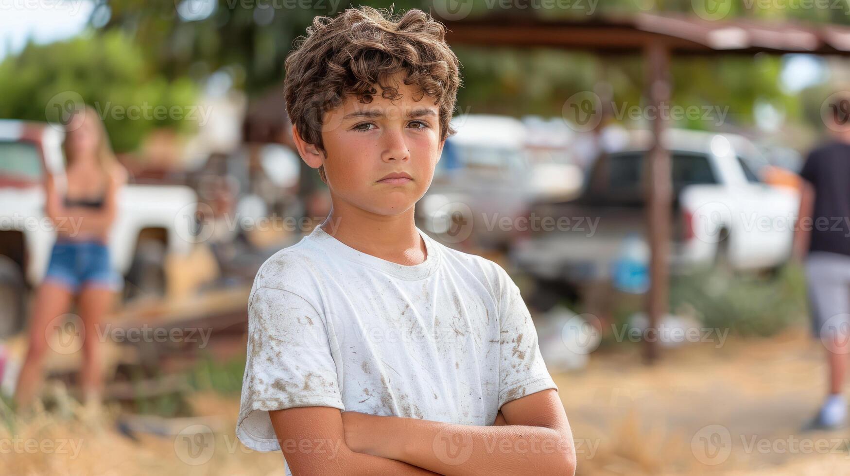 A young boy confidently stands in front of a diverse group of people photo