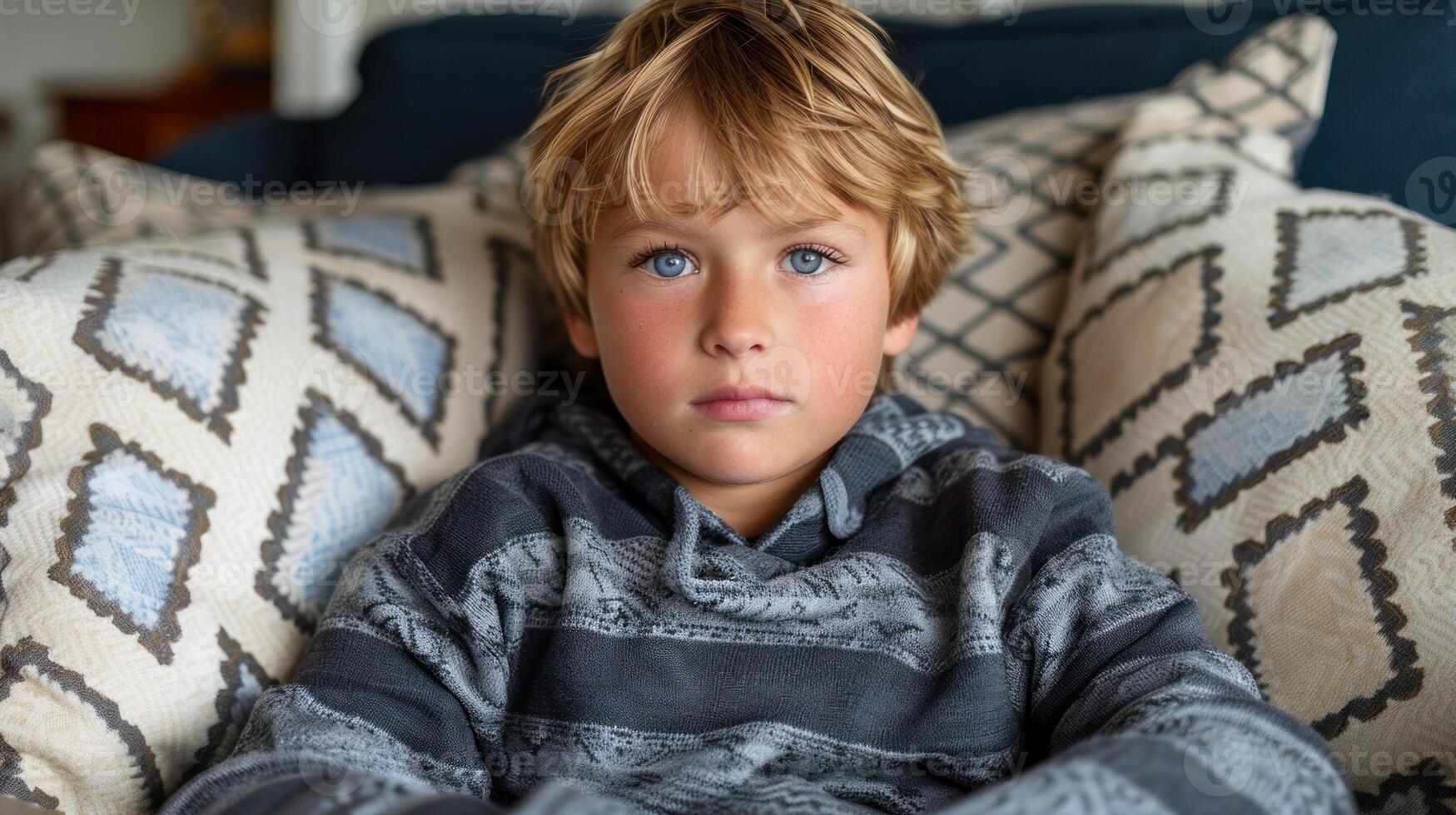 A young boy sitting on top of a couch that is covered in a blanket photo