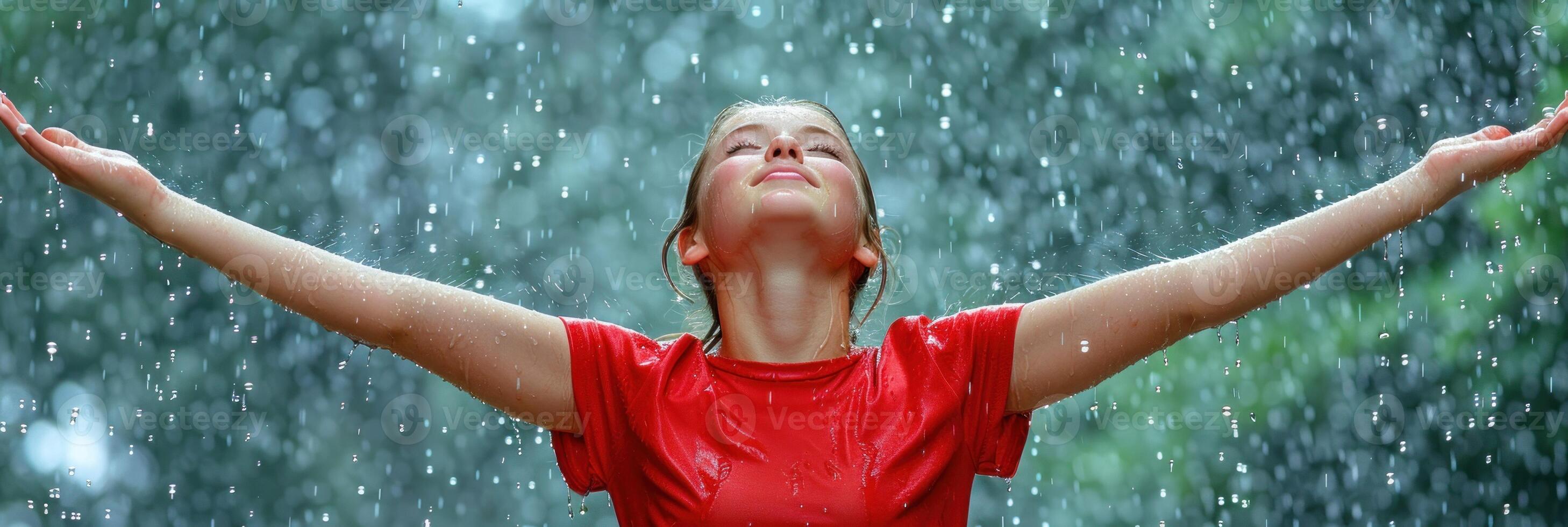 A woman stands in the rain with her arms extended outwards photo