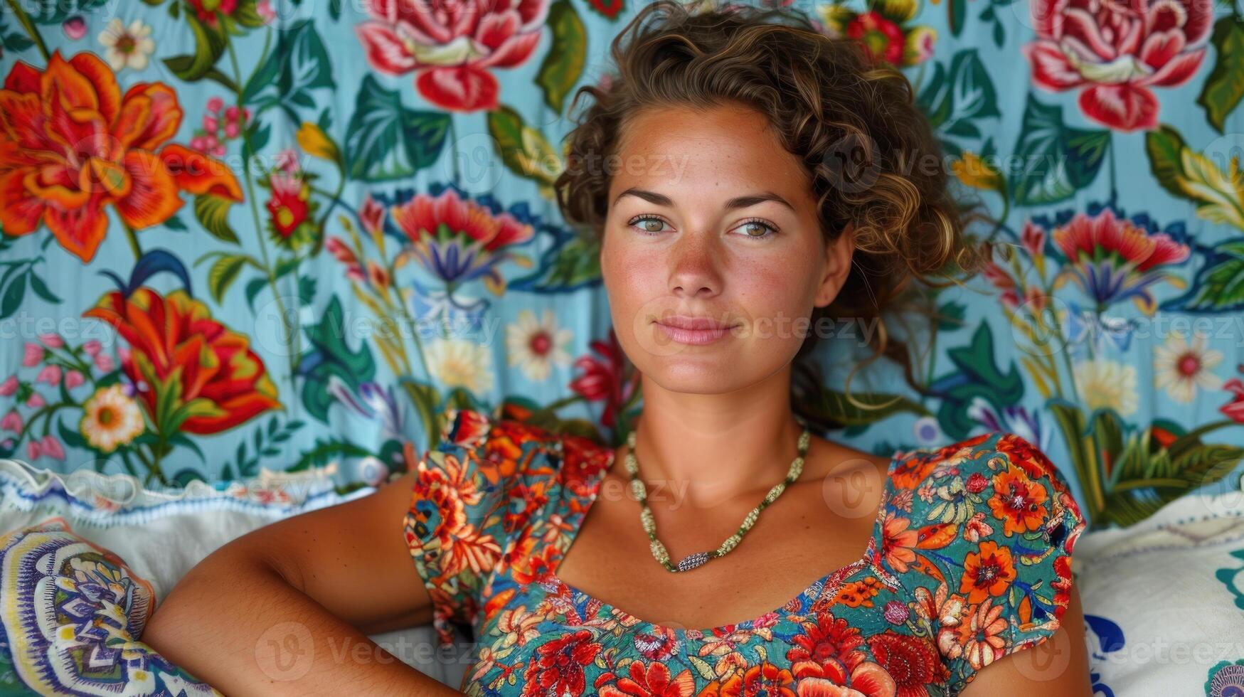 A woman seated on a bed with a floral wallpaper in the background photo