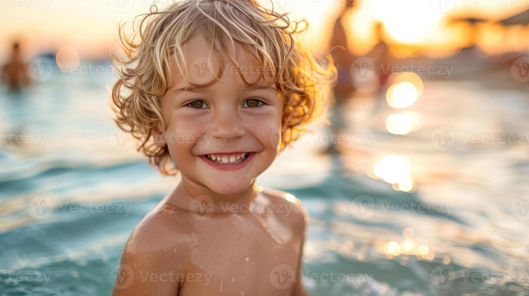 A little boy stands in shallow water photo