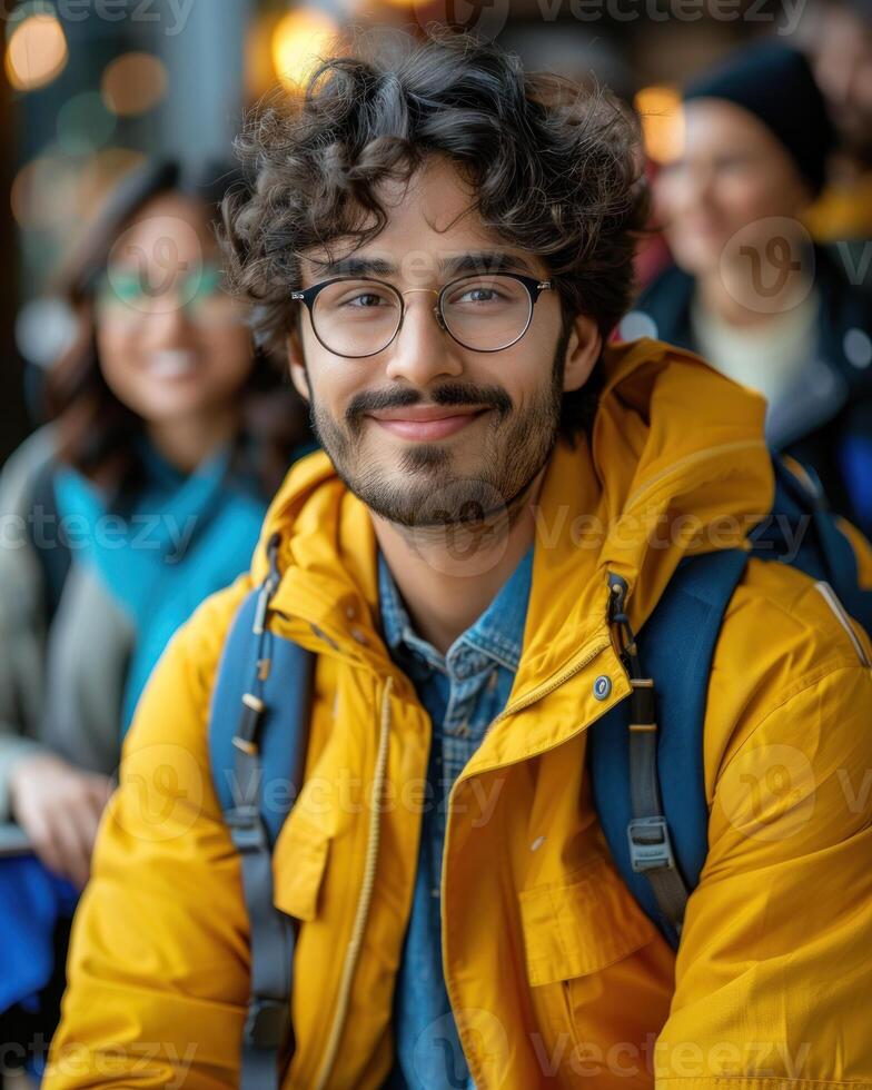 A man with glasses wearing a bright yellow jacket photo