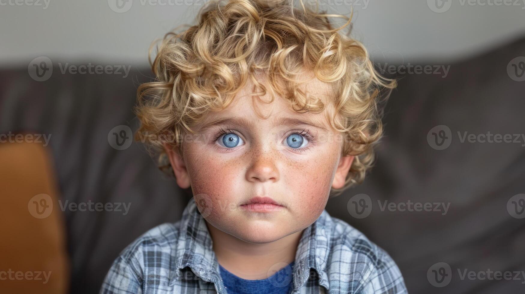 Young boy with curly hair and blue eyes photo
