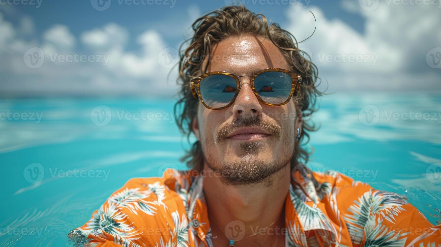 hombre en Gafas de sol en pie en agua foto