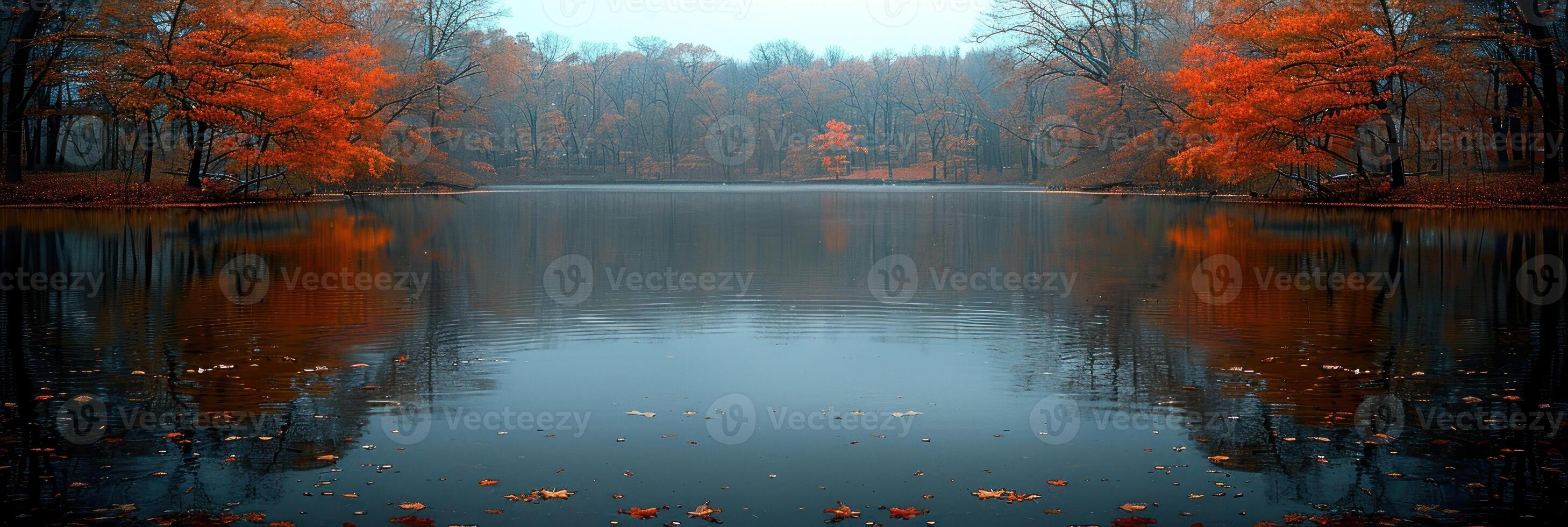 Large body of water encircled by trees in a natural setting photo