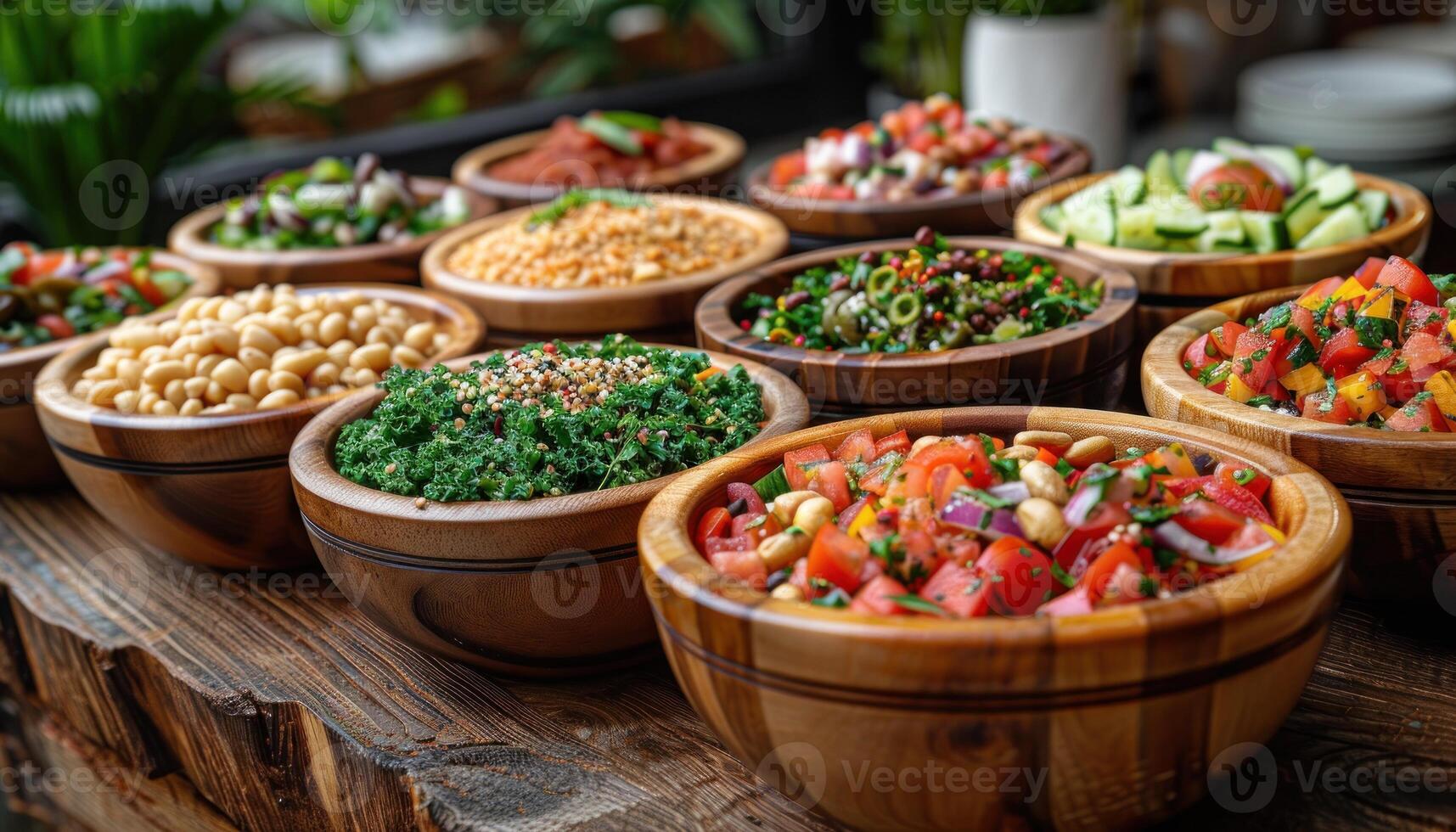 Table topped with wooden bowls filled with different types of food photo