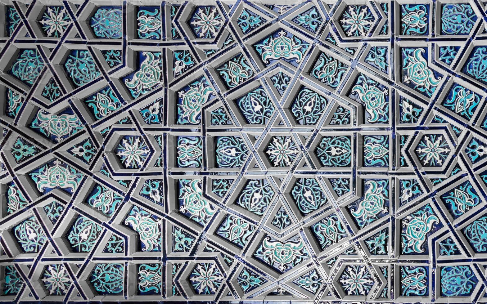 Geometric traditional Islamic ornament. Fragment of a ceramic mosaic. Abstract background. photo