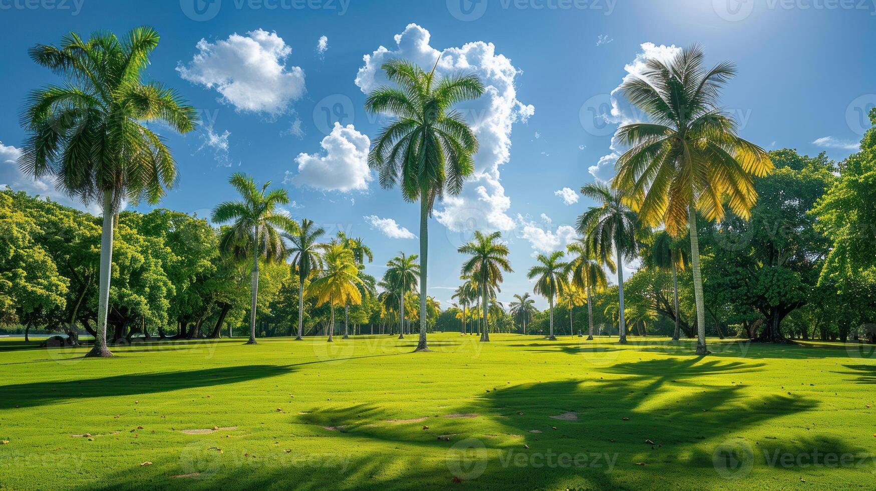 Vibrant green field with tall palm trees under a sunny sky photo