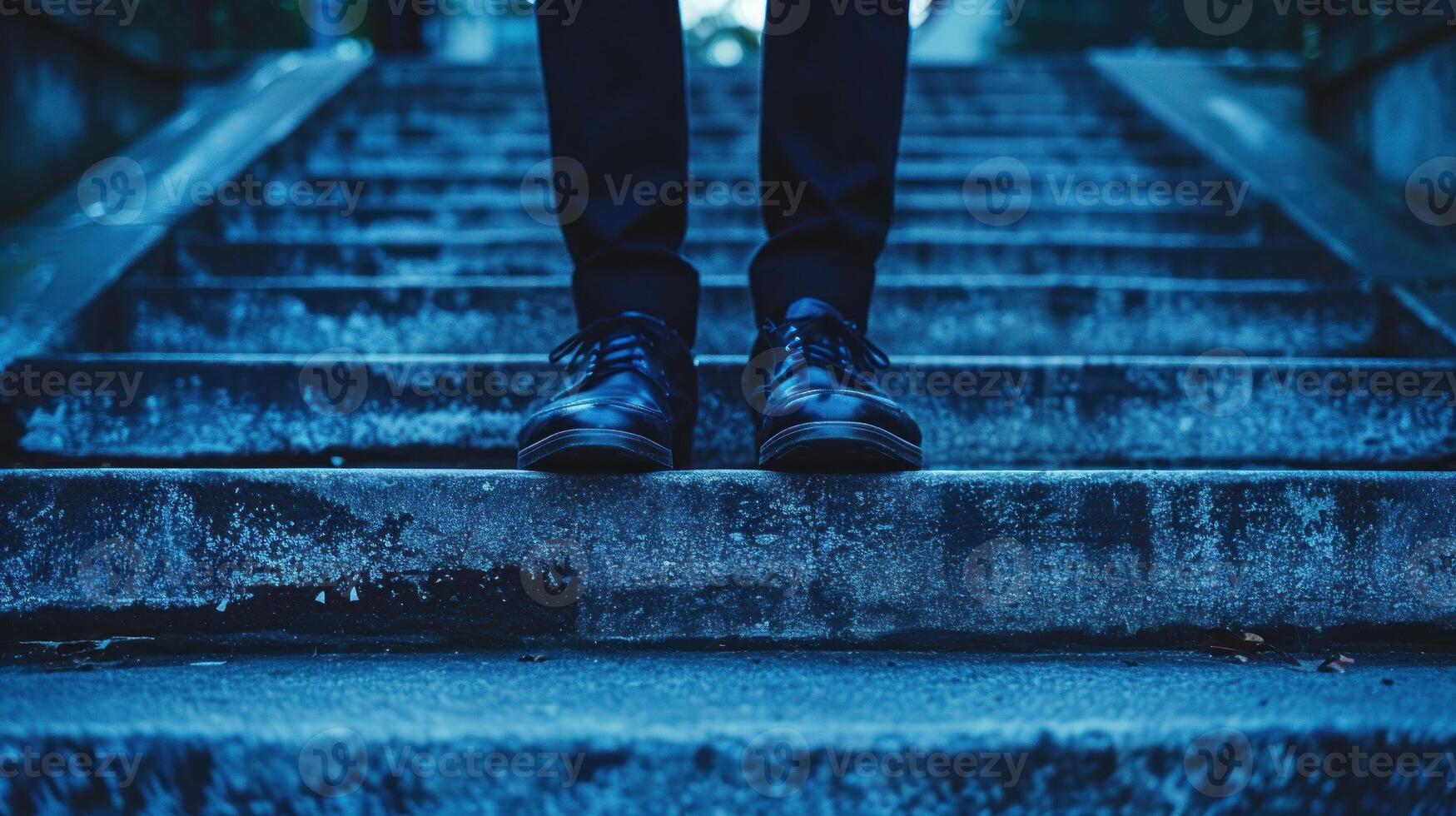 A person standing on a set of stairs photo