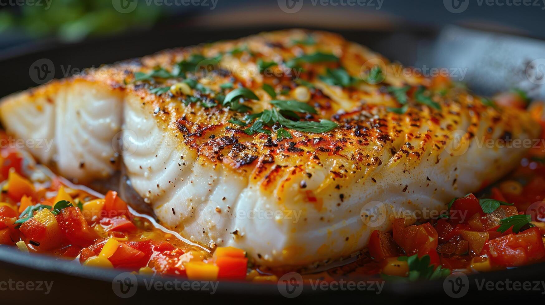 A detailed view of a plate of food featuring fish as the main dish photo