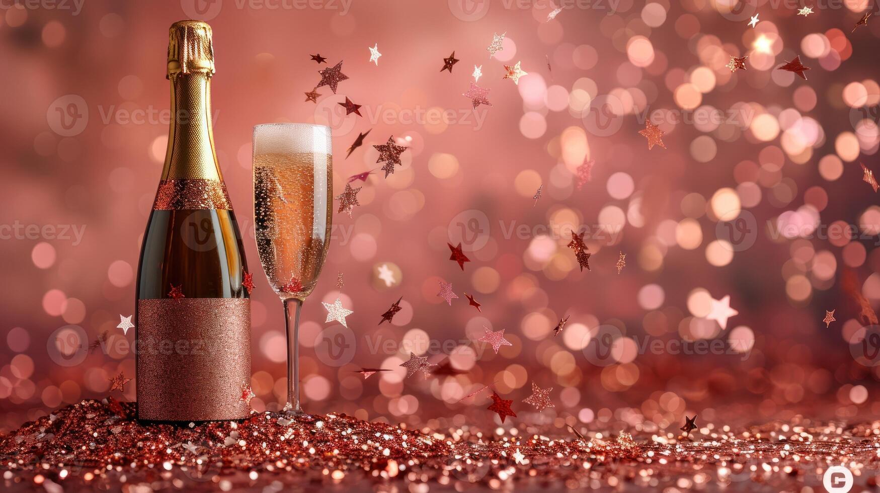 A bottle of champagne positioned beside a glass of champagne on a table photo