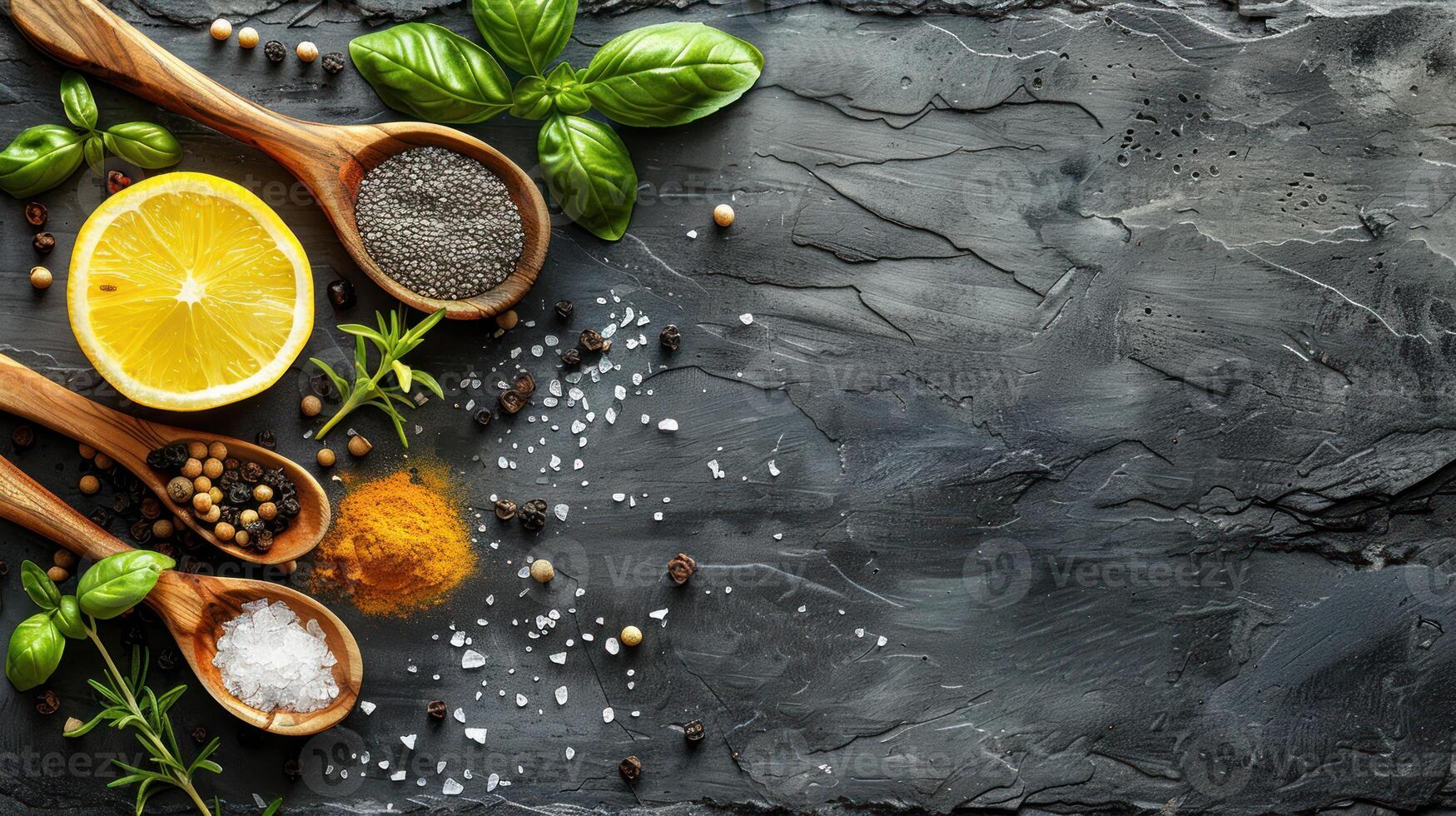 Assorted spices arranged on a wooden table photo