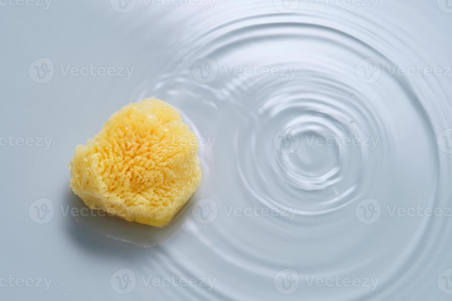 Natural sponge on a blue background with water. photo