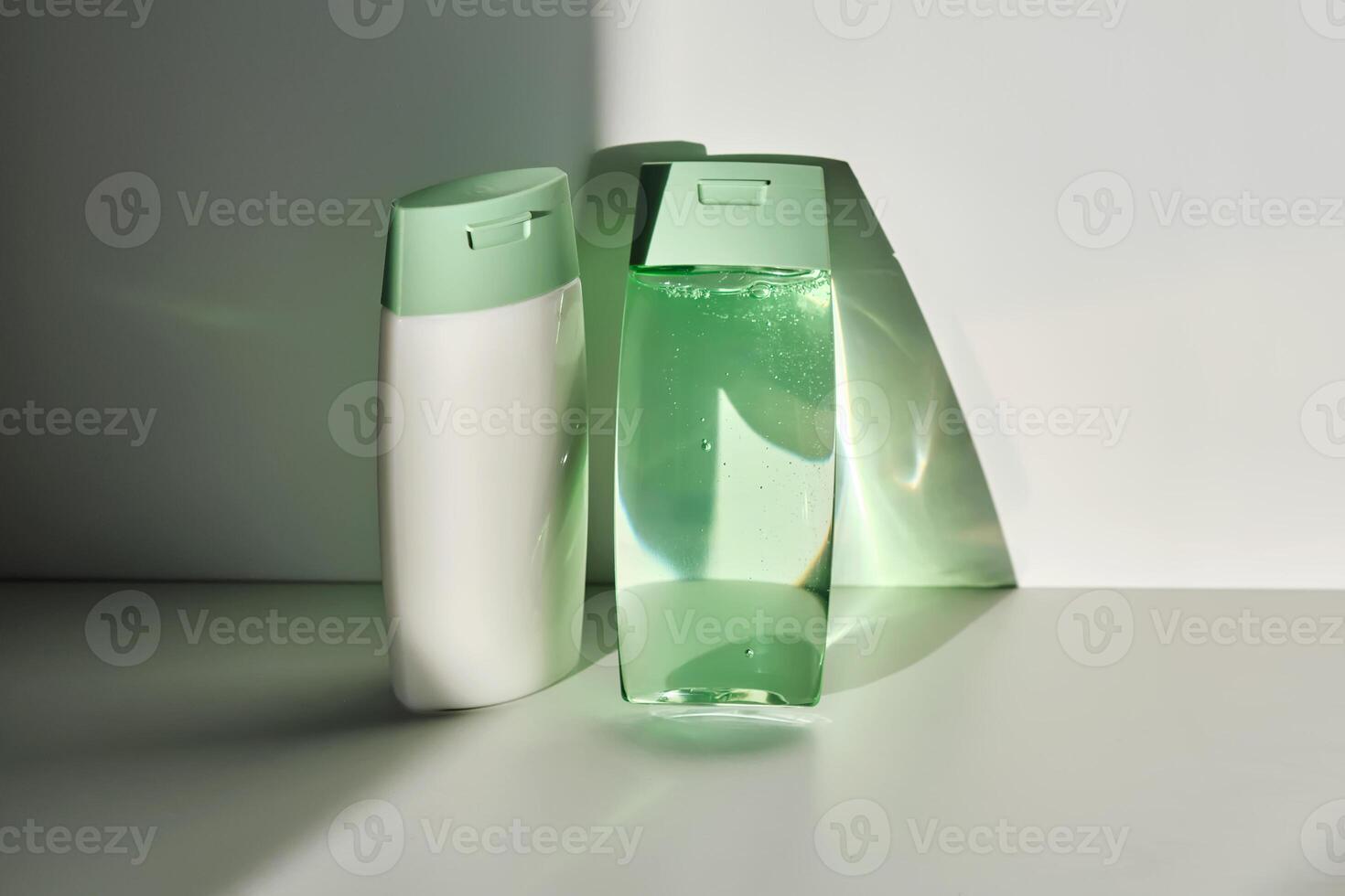 Shampoo and hair conditioner on a white background with sun light. photo