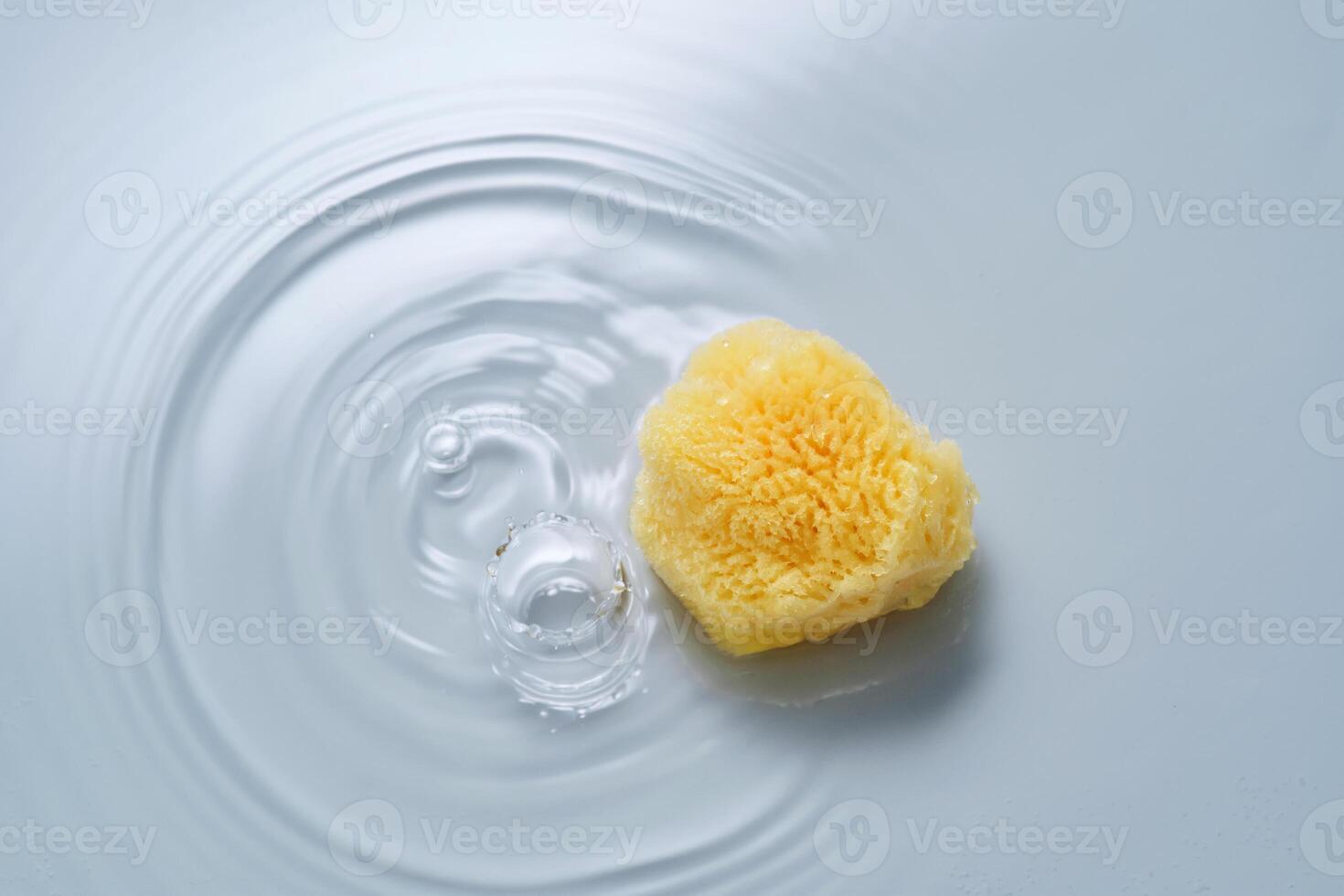 Natural sponge on a blue background with water. photo